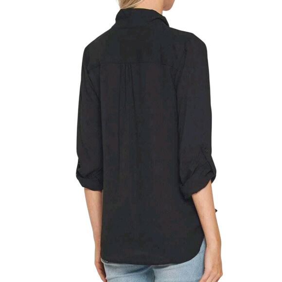 Pleione Black Surplice Faux Wrap Top Long 3/4 Roll Tab Sleeves V Neck Medium - Picture 2 of 9